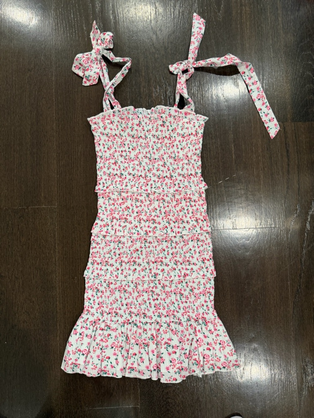 Katie J NYC White Dress with Pink and Red Floral Tie-Strap Ruffles